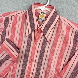 Vintage 70s Disco Shirt Mens Medium Pink Floral Jaquard Stripe Dagger Collar